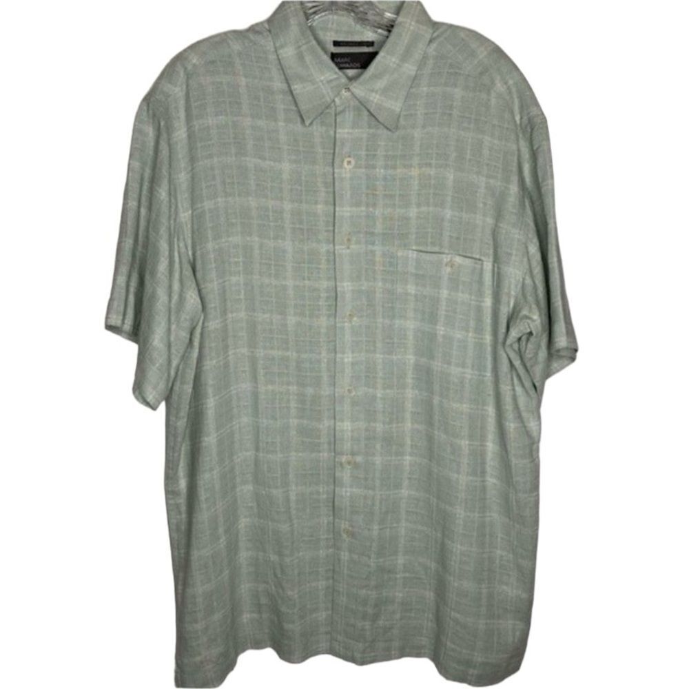 Marc Edwards Button Up Mens L Vintage 90s Green White Plaid Washable Linen Blend
